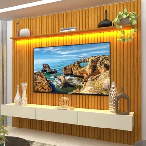 Painel para TV até 90 Polegadas 229x250cm Ripado com LED 3 Gavetas 100% MDF