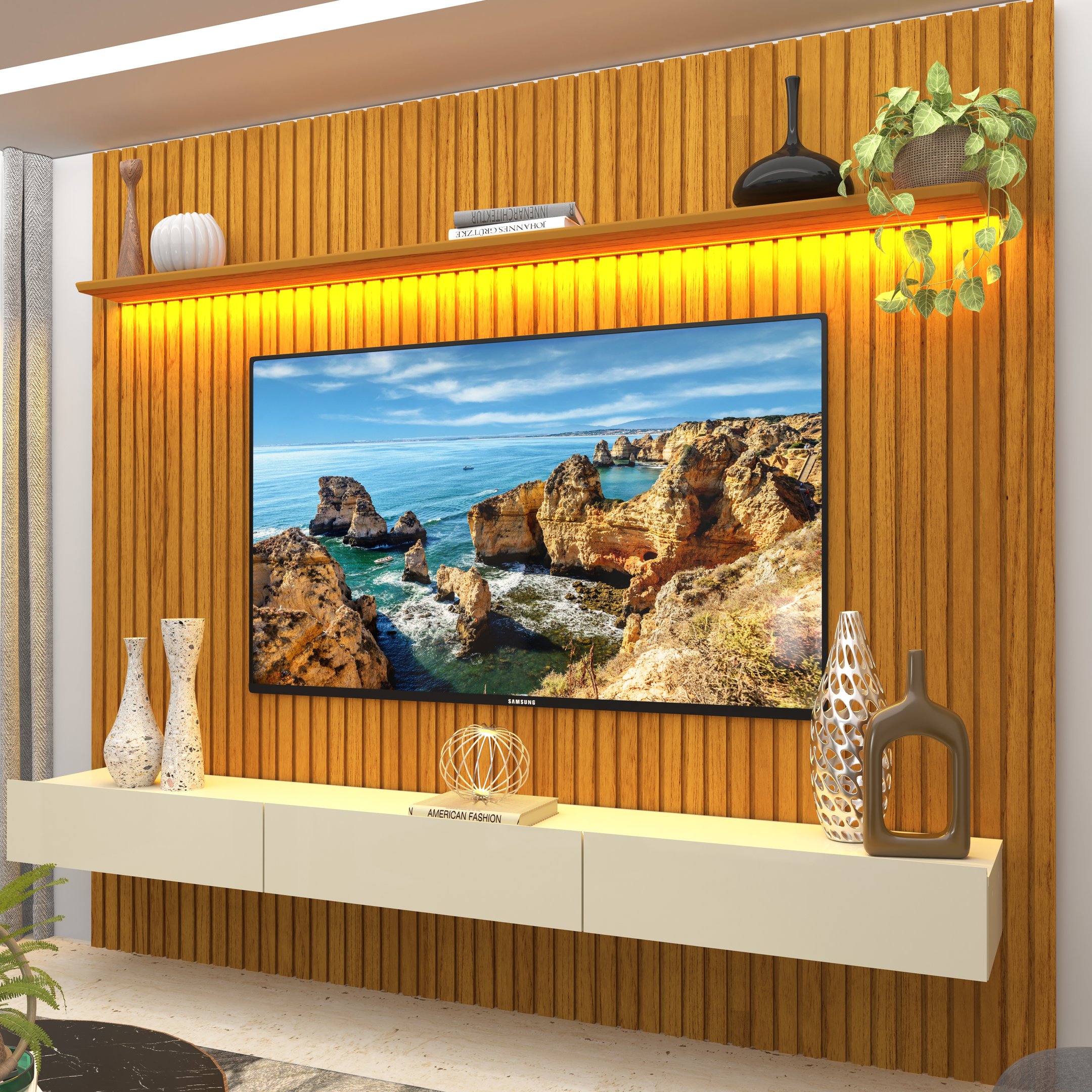 Painel para TV até 85 Polegadas Ripado com LED Nobre 230cm 