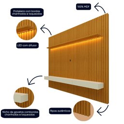 Painel para TV até 90 Polegadas 229x250cm Ripado com LED 3 Gavetas 100% MDF - 12