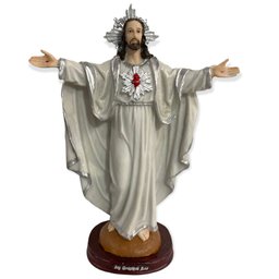 Imagem Jesus Oxalá Prata Braços Abertos Branco Resina 30cm - 1