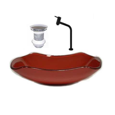 CUBA DE VIDRO ABAULADA 45CM VERMELHO CEREJA + VALVULA + TORNEIRA PRETA