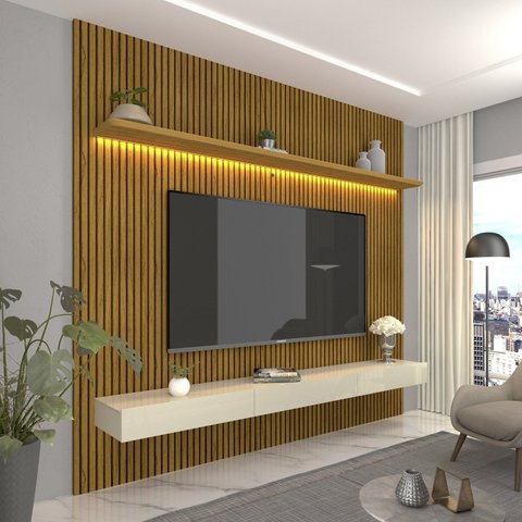 Painel para TV até 90 Polegadas 250cmx224cm Impressão Ripada com LED com Gaveta 100% MDF Requinte