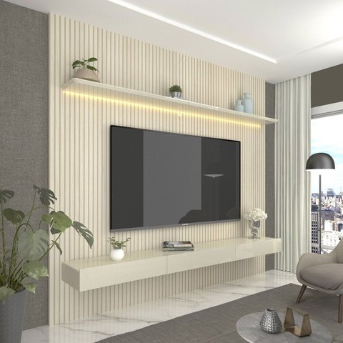 Painel para TV até 90 Polegadas com LED 100% MDF 224cmx250cm Impressão Ripada com Gaveta Requinte
