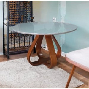 Mesa de Jantar Cebola Redonda 90cm Tampo Laqueado C/vidro Off White