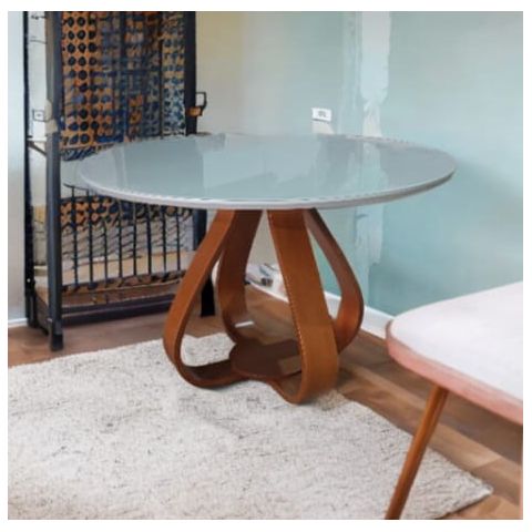 Mesa de Jantar Cebola Redonda 90cm Tampo Laqueado C/vidro Off White