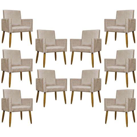 Kit 10 Poltronas Decorativas Mari Pé Palito Castanho - Bege Suede