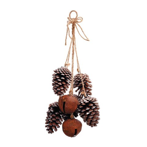 Enfeite Pendulo Natalino com Pinha e Sino Rustico 47cm