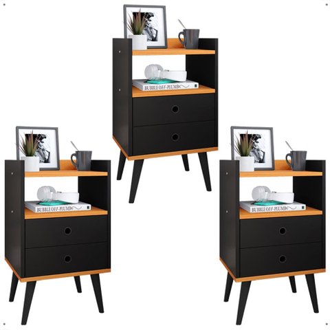 Kit 3 Mesas Cabeceira Dream Jogo Mesinha Lateral Cama Decoração Quarto Casal - Preto/cinamomo