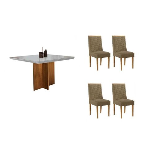 Sala de Jantar Completa Berlim C/ Tampo Madeirado C/ Vidro Canto Curvo 90x90cm e 4 Cadeiras Dafne