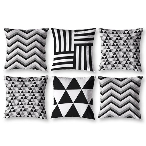 Kit 6 Almofadas Cheias 40cm X 40cm Decorativas Estampadas Digital Sala Sofá Quarto Geo Preto