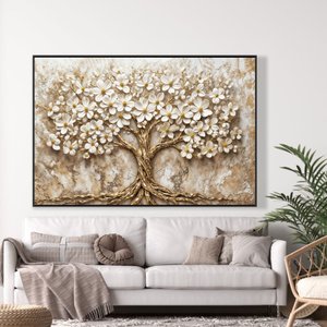 Quadro Decorativo Árvore da Vida Flores Brancas Fundo com Textura Sala Quarto Casa Escritório