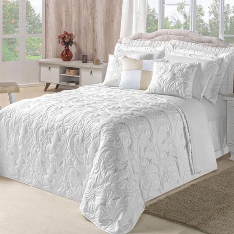 Kit Cobre Leito Colcha Diamante Queen 5 Peças Bordado Floral Dupla Face 180 Fios - Branco - 100%