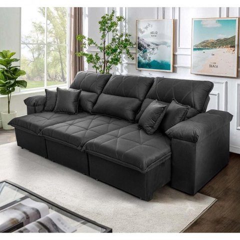 Sofá Retrátil Reclinável Trento 2,30m Suede Velut Cinza Molas no Assento - King House