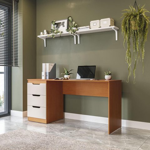 Mesa Escrivaninha Madri Escritório 3 Gavetas 163x77cm Creme/Freijó 250705