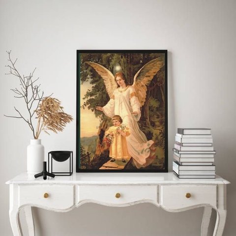 Quadro Decorativo Santo Anjo Da guarda 24x18cm:madeira Branca