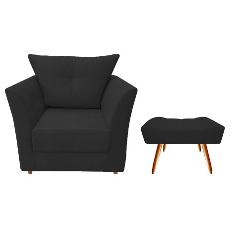 Kit Poltrona Decorativa Isis + Puff Retangular Couro Preto Pés Madeira Ms Decor