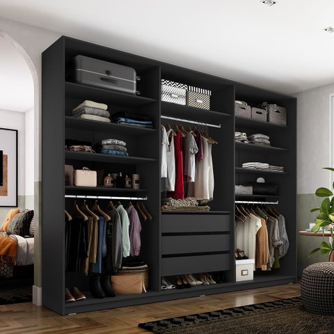 Closet Casal Guarda Roupa sem Porta 237cm 3 Gavetas Mdf Pisa R02 Preto - Lyam Decor