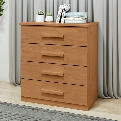 Cômoda para Quarto 4 Gavetas Puxadores Cromados Moderno Baião 88cm Marrom Amêndoa Clean