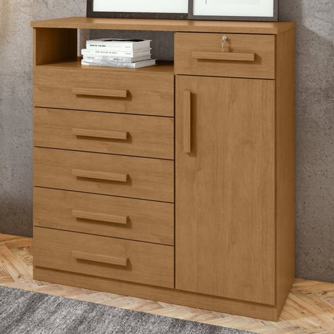 Cômoda 1 Porta 6 Gavetas com Chave e Nicho da Vinci Marrom Amêndoa Clean