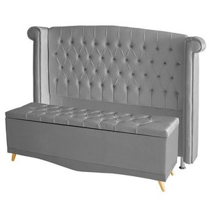 Kit de Quarto Cabeceira de Cama Box e Calçadeira Baú Toquio Casal 140 Cm Suede Prata Ec Móveis