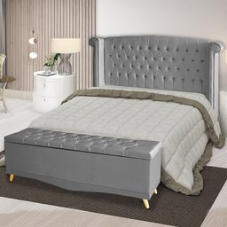 Kit de Quarto Cabeceira de Cama Box e Calçadeira Baú Toquio Casal 140 Cm Suede Prata Ec Móveis - 2
