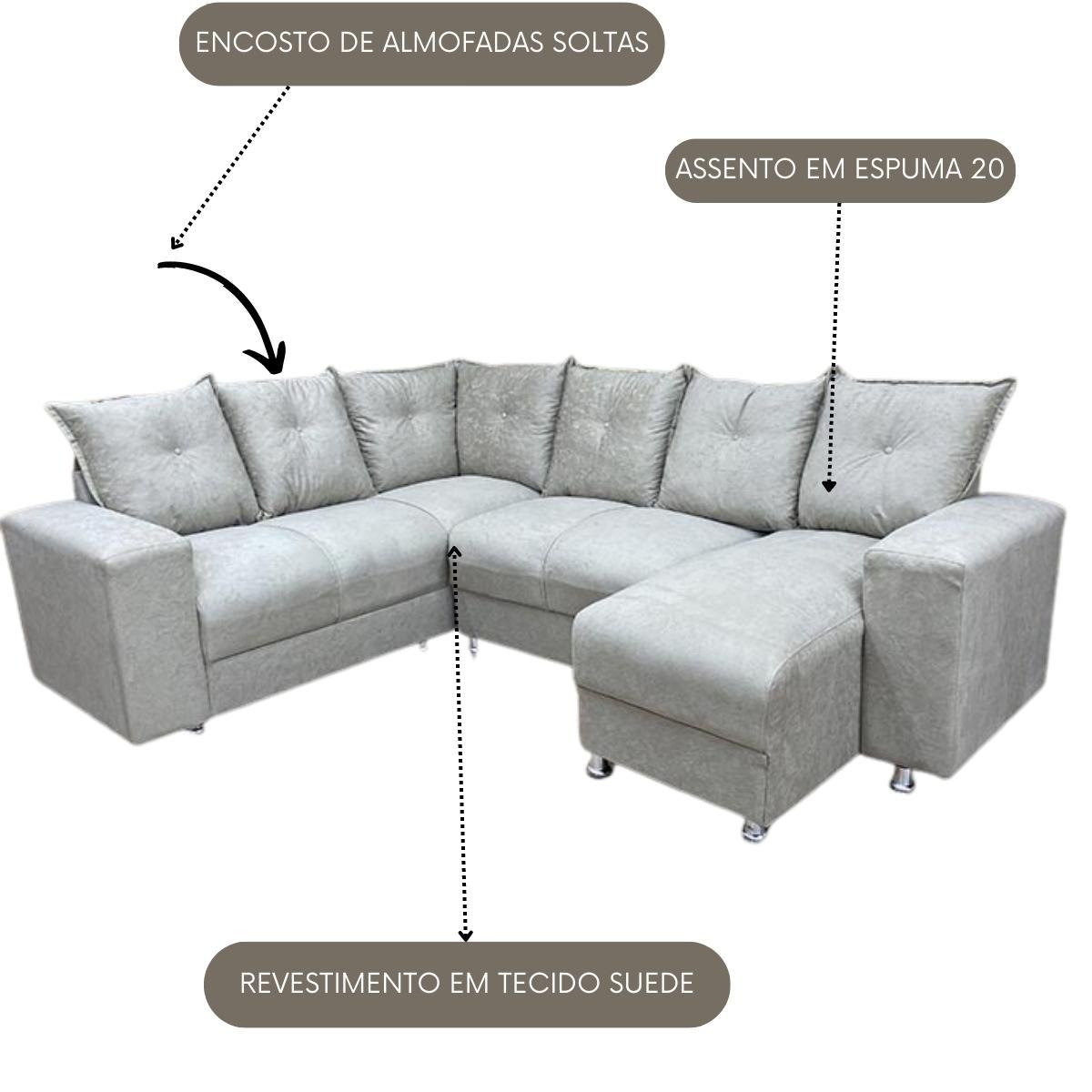 Sofá de Canto Para Sala Luxuoso Tecido Suede Macio Áustria Cor:Bege - 4