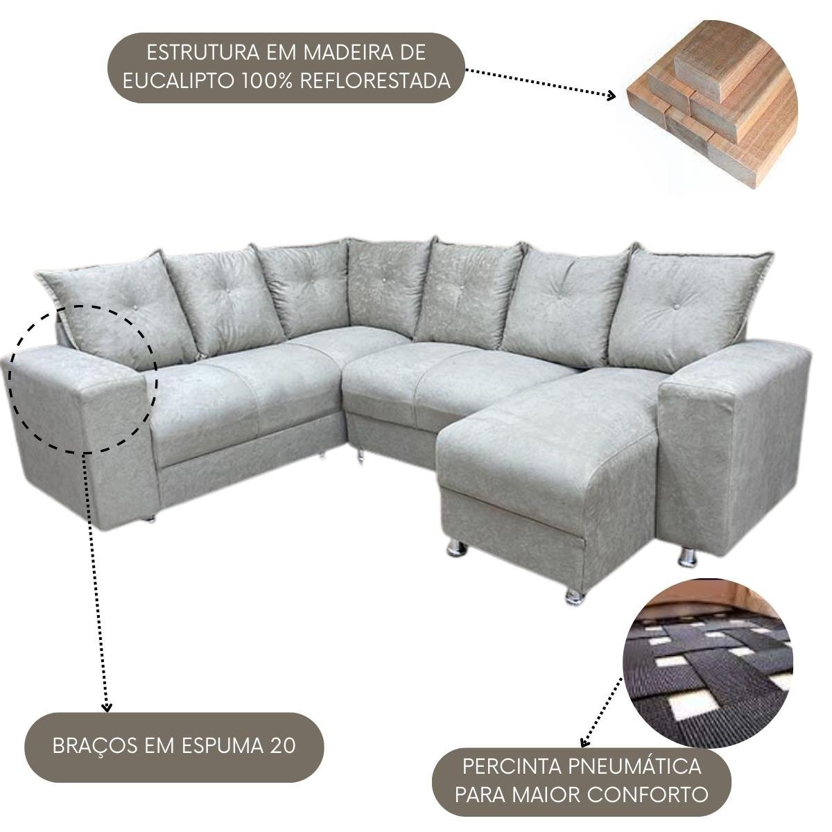 Sofá de Canto Para Sala Luxuoso Tecido Suede Macio Áustria Cor:Bege - 2