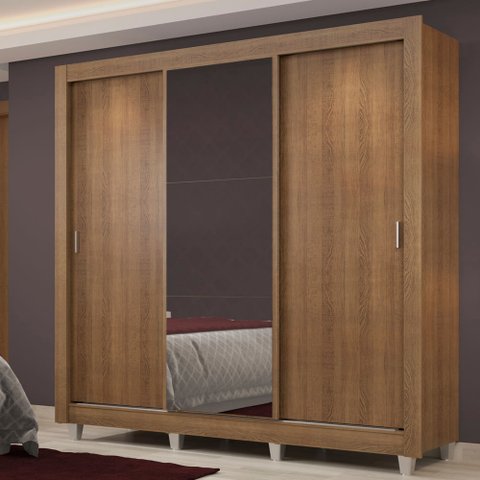 Guarda-Roupa Casal Madesa Lyon Plus 3 Portas de Correr com Espelho 4 Gavetas com Pés Rustic Cor:Rust