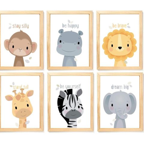 Quadro Infantil Safari 6 Un A4 Vidro e Pendurador