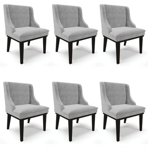 Kit 6 Cadeiras Estofadas Para Sala De Jantar Base Fixa De Madeira Preto Lia Suede Cinza - Ibiza