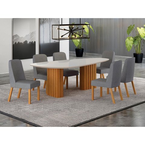 Conjunto Jantar 6 Cadeiras Maciça 2x1 Vdo Iza - Arbo Design- Cinamomo Off White Linho Cinza