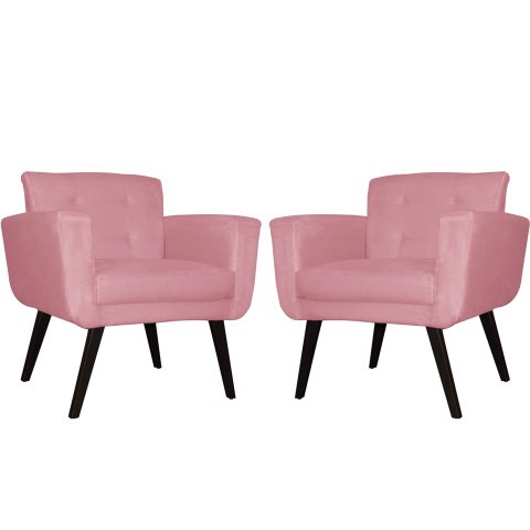 Kit 2 Poltronas Decorativa Geovana Suede Rosa Pés Madeira Mz Decor