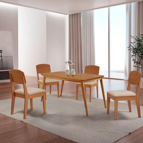 Mesa de Jantar Copper 120cm Tampo Mdf com 4 Cadeiras Moderna Veludo Creme/naturalle/naturalle