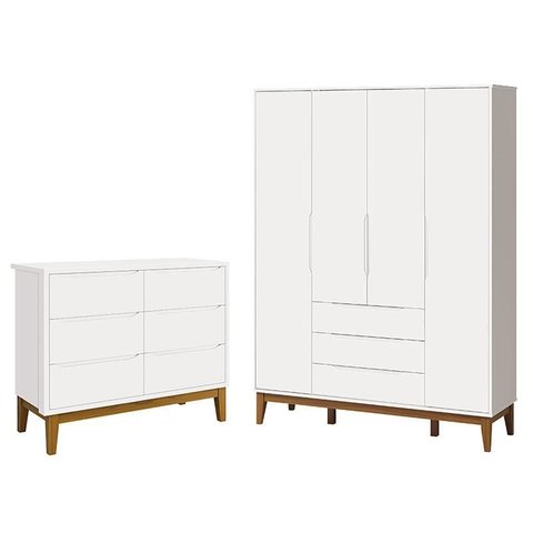 Cômoda Infantil 6 Gavetas com Guarda Roupa Classic Elfe Branco Acetinado com Pés Madeira - Reller