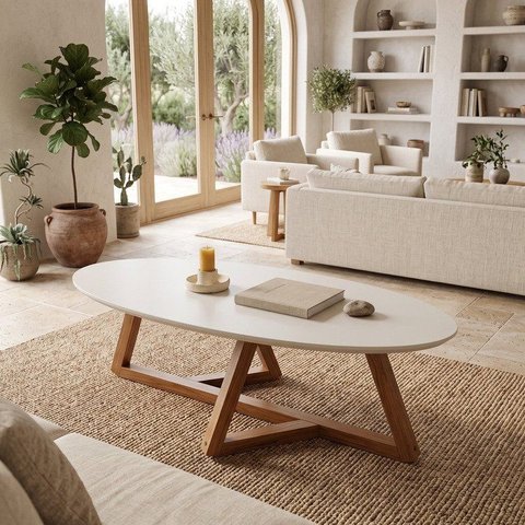 Mesa de Centro Classic Oval MDF Pés em Maderia Maciça Tebarrot Bege
