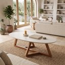 Ver imagem 1 de Mesa de Centro Classic Oval MDF Pés em Maderia Maciça Tebarrot Bege