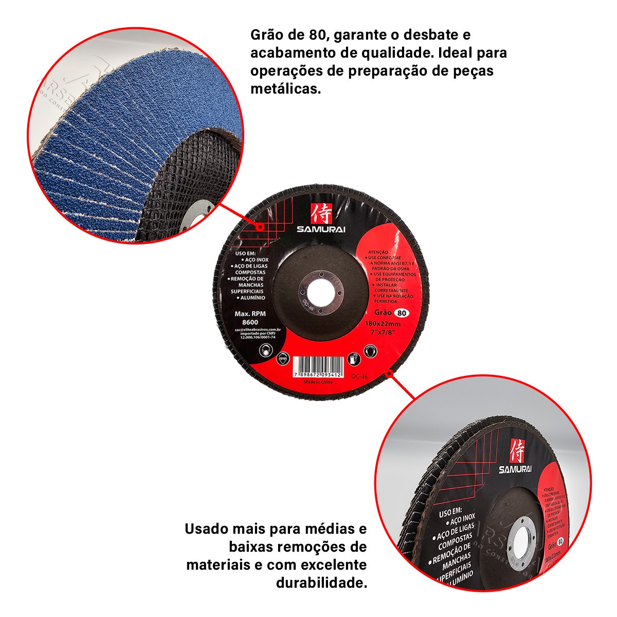 Kit 10 Discos de Lixa Flap de Fibra 180mm 7” Grão 80 - 4