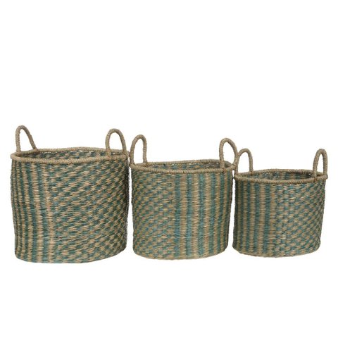 Trio de Cesto Decorativo Seagrass Kit C/3 Azul e Natural