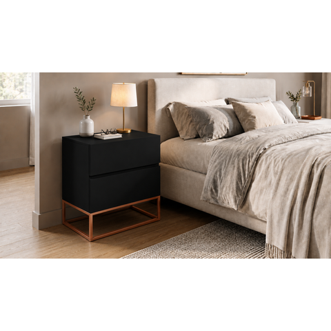Mesa Cabeceira Eros 45cm para Quarto 2 Gavetas Preto com Cobre Luxo