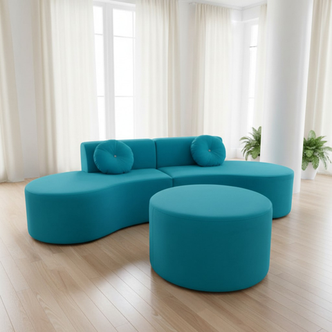 Sofá Modular Orgânico Monterrey 260cm + Puff Suede Azul Turquesa