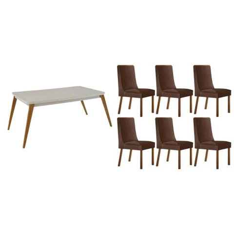 Conjunto: Mesa de Cozinha Havana Tampo c/ Vidro Curvo 180cm+6 Cadeiras Dakota Madeira Naturale/Off