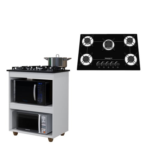 Kit Balcão Cooktop Turim Branco com Fogão Cooktop 5 Bocas Chamalux