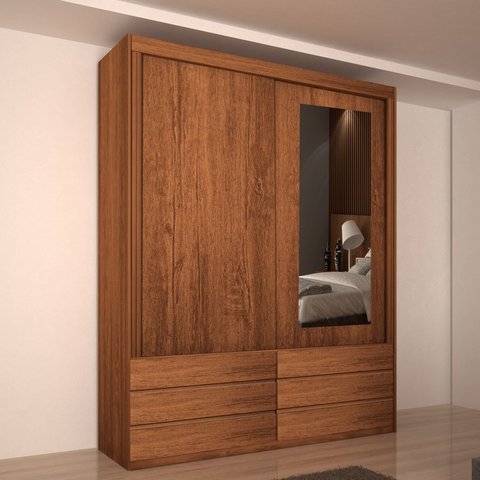 Guarda-Roupa Solteiro com Espelho 100% MDF 2 Portas e 6 Gavetas Eco 08 Bom Pastor