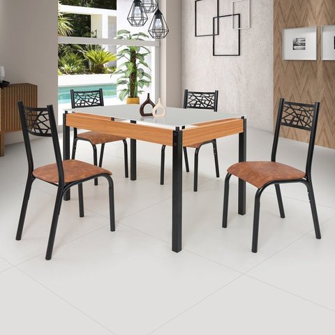 Conjunto Sala de Jantar Mesa 120x77cm Tampo Vidro com 4 Cadeiras Jade Preto/Fosco/Caramelo