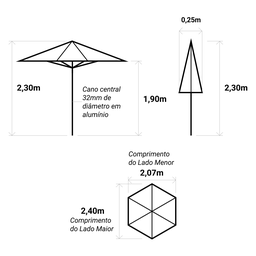 Ombrelone Central Azul Royal - 2,40m de Diâmetro - em Alumínio - para Areia ou Grama - Persianet - 6