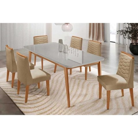 Conjunto: Mesa de Cozinha Havana Curvo 180cm + 6 Cadeiras Maldivas Naturale/off White - Linho Bege