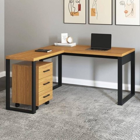 Kit 2 Peças para Escritório Office Industrial com Mesa Escrivaninha em L e Gaveteiro  100% MDF