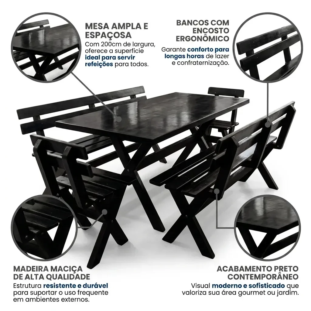 Ver imagem 4 de Mesa para Área Externa e 4 Bancos com Encosto Kit Churrasco Yescasa Preto