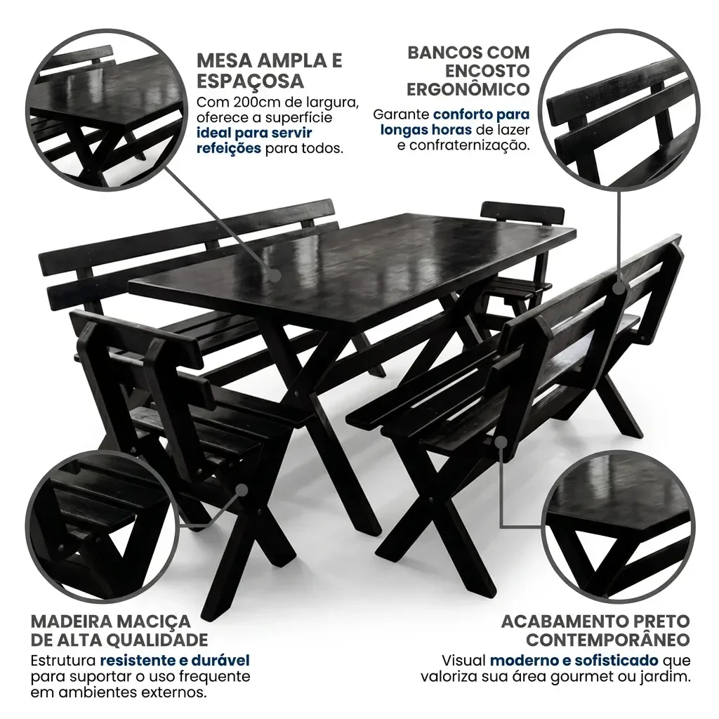Ver imagem 4 de Mesa para Área Externa e 4 Bancos com Encosto Kit Churrasco Yescasa Preto
