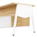 Ver mais imagens de Mesa L Diretor Escritório com Armário Lateral 3 Gavetas 200cm Industrial Tampo Cavado e Pés Metal Executive Macadâmia E Branco